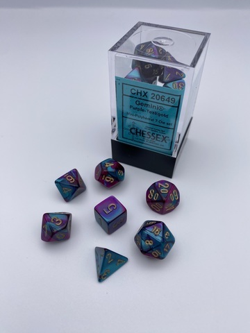 Cover: 601982037475 | Gemini® Mini-Polyhedral Purple-Teal/gold 7-Die Set | Chessex