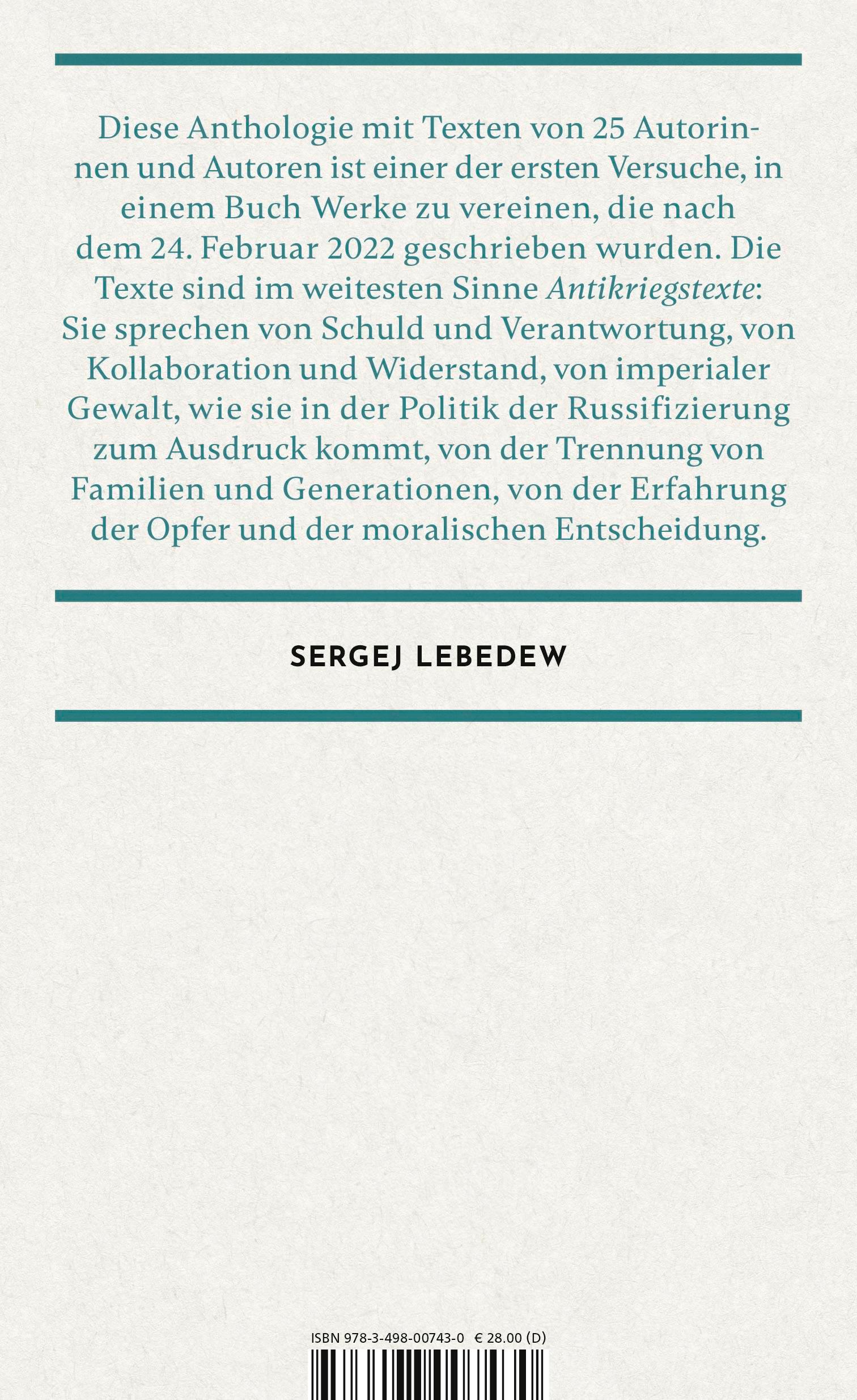 Rückseite: 9783498007430 | Nein! | Stimmen aus Russland gegen den Krieg | Sergej Lebedew | Buch