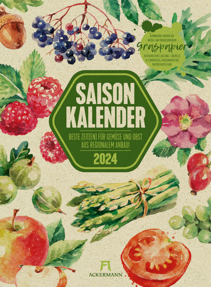 Cover: 9783838411392 | Saisonkalender - Obst &amp; Gemüse - Graspapier-Kalender 2024 | Kalender