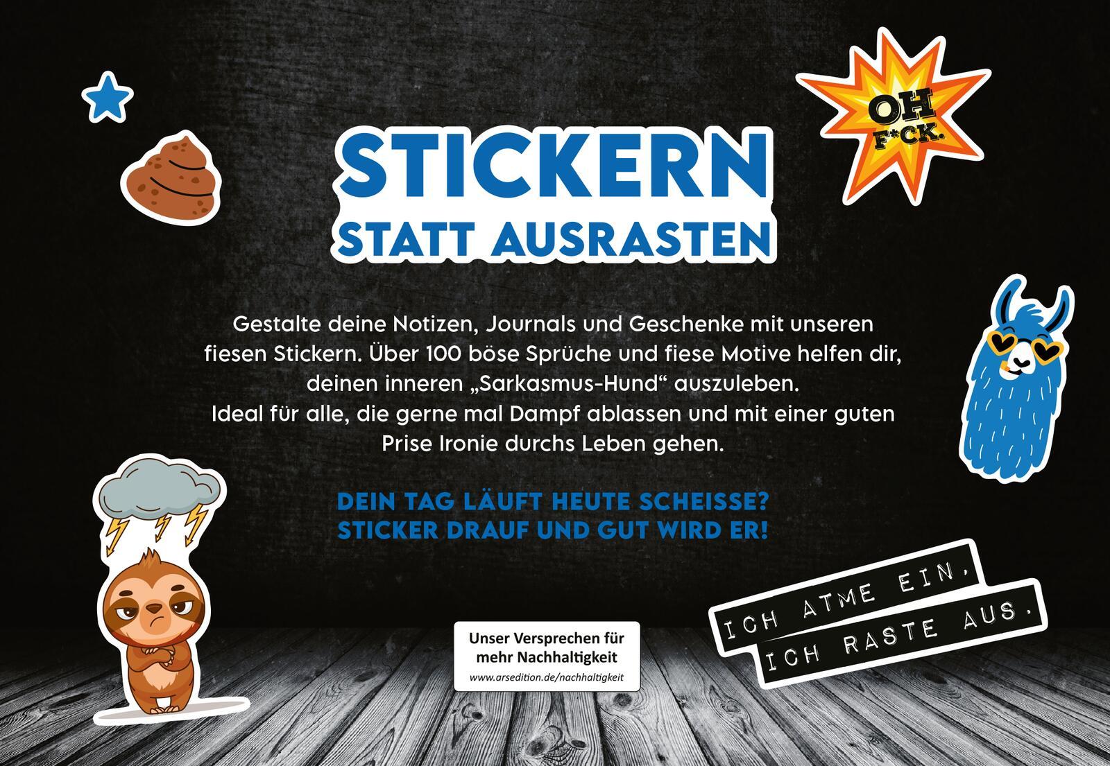 Rückseite: 4014489136521 | Böse Sprüche Stickerheft: Stickern. Lächeln. Vollpfosten denken!