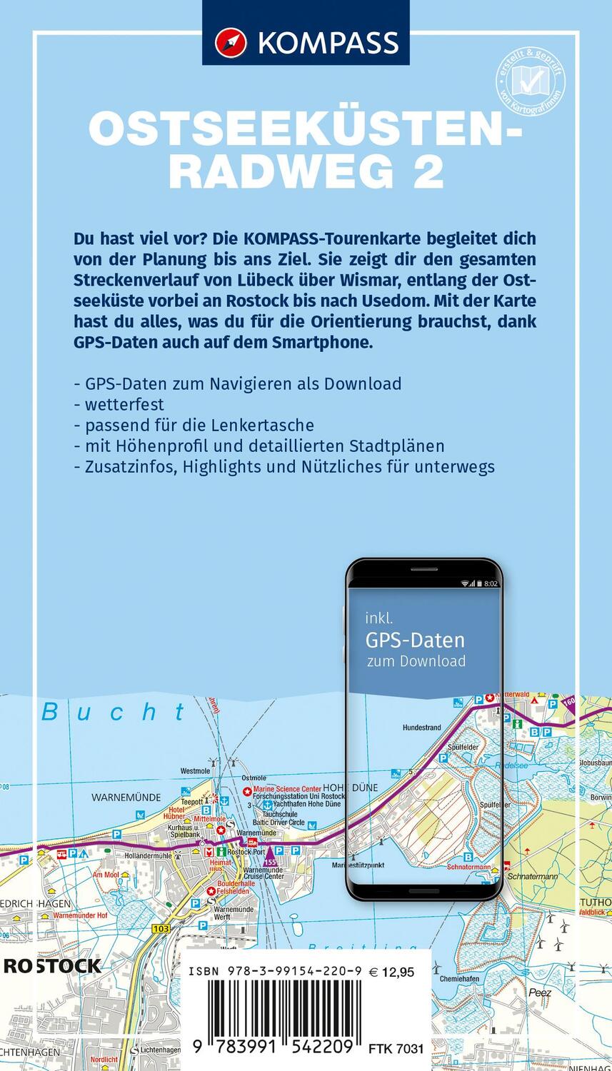 Rückseite: 9783991542209 | KOMPASS Fahrrad-Tourenkarte Ostseeküstenradweg 2, von Lübeck bis...