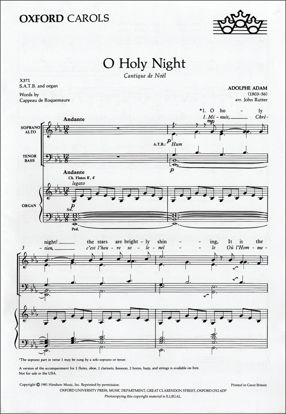 Cover: 9780193431751 | O Holy Night (arr. Rutter) | Adolphe Charles Adam | Chorpartitur