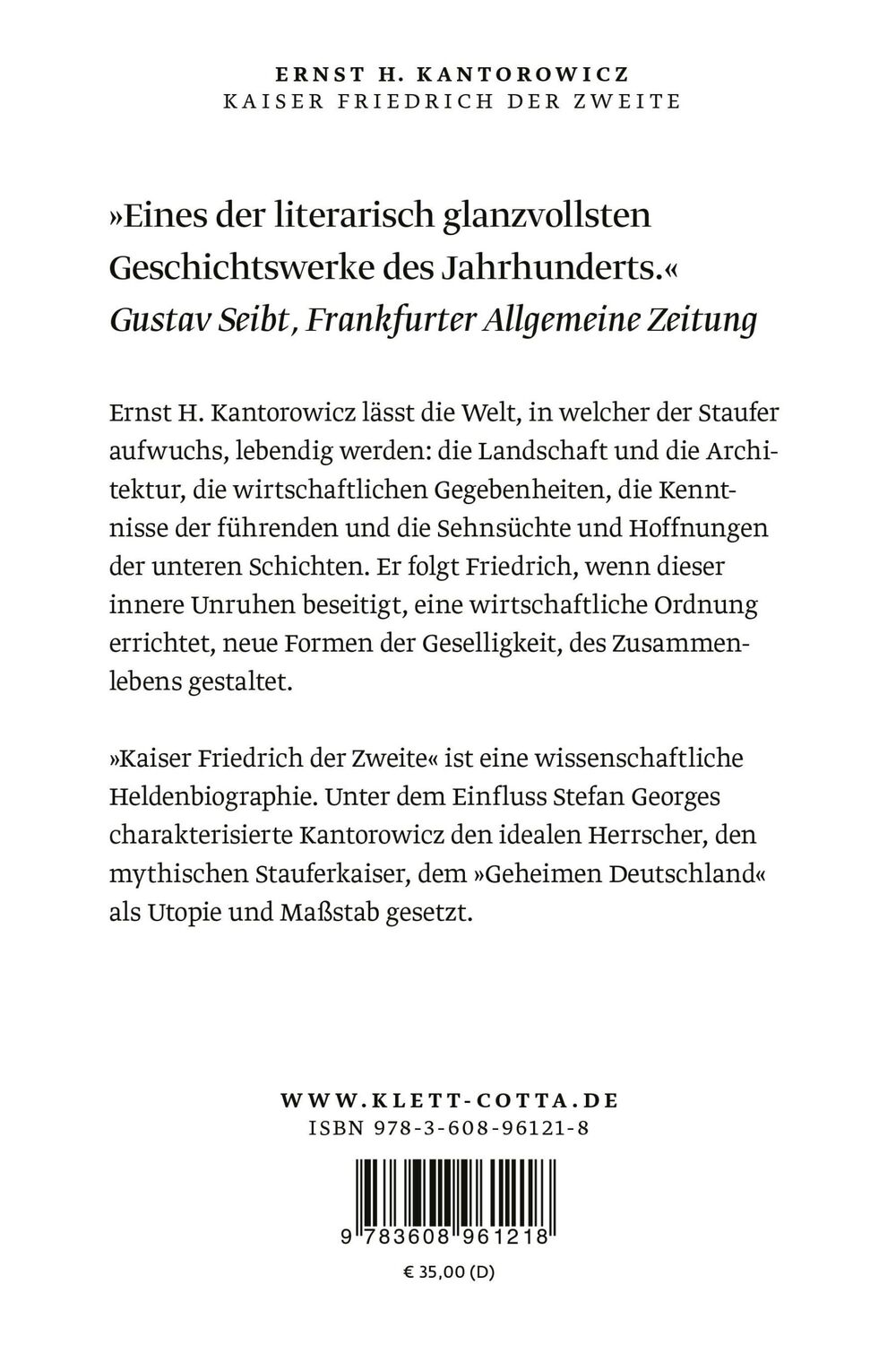 Rückseite: 9783608961218 | Kaiser Friedrich der Zweite | Hauptband | Ernst H Kantorowicz | Buch