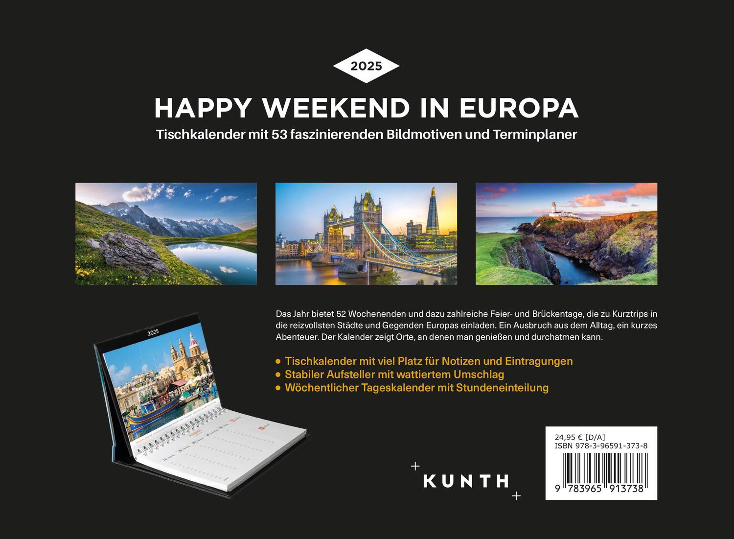 Rückseite: 9783965913738 | Happy Weekend in Europa - KUNTH Tischkalender 2025 | Kalender | 54 S.