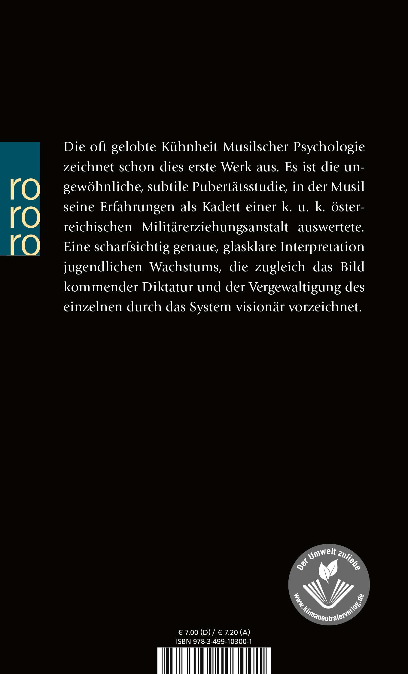 Rückseite: 9783499103001 | Die Verwirrungen des Zöglings Törleß | Robert Musil | Taschenbuch