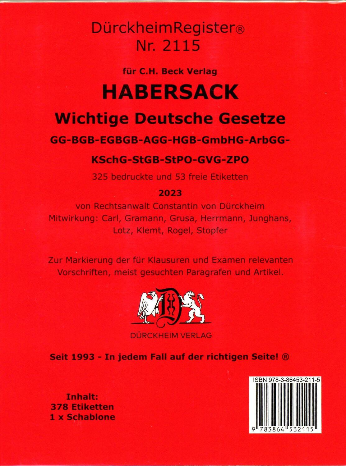 Cover: 9783864532115 | DürckheimRegister® HABERSACK (2023) Gesetze und §§ | Dürckheim | Buch