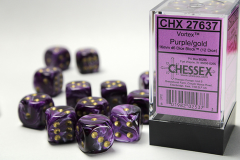 Cover: 601982025373 | Vortex® 16mm d6 Purple/gold Dice Block™ (12 dice) | deutsch | Chessex