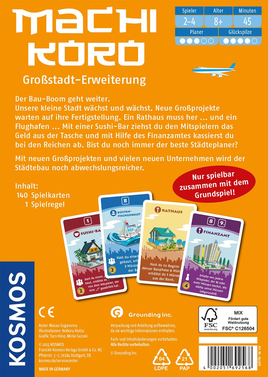 Rückseite: 4002051692568 | Machi Koro - Großstadterweiterung | Für 2 - 4 Spieler ab 8 Jahren.