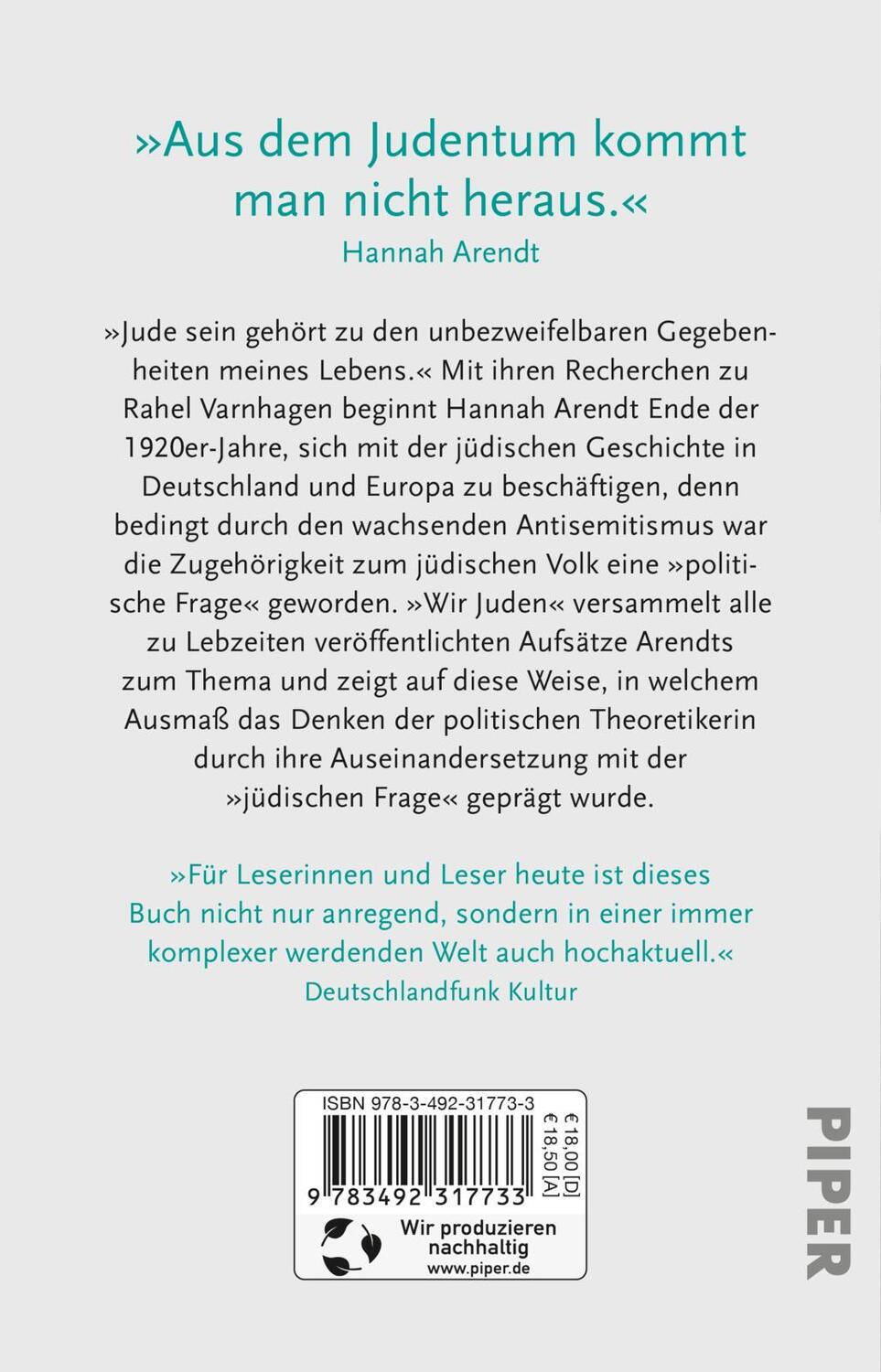 Rückseite: 9783492317733 | Wir Juden | Schriften 1932 bis 1966 | Hannah Arendt | Taschenbuch