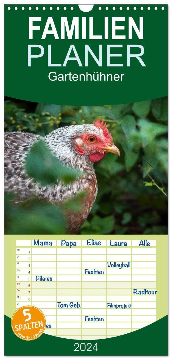 Cover: 9783383085710 | Familienplaner 2024 - Gartenhühner mit 5 Spalten (Wandkalender, 21...