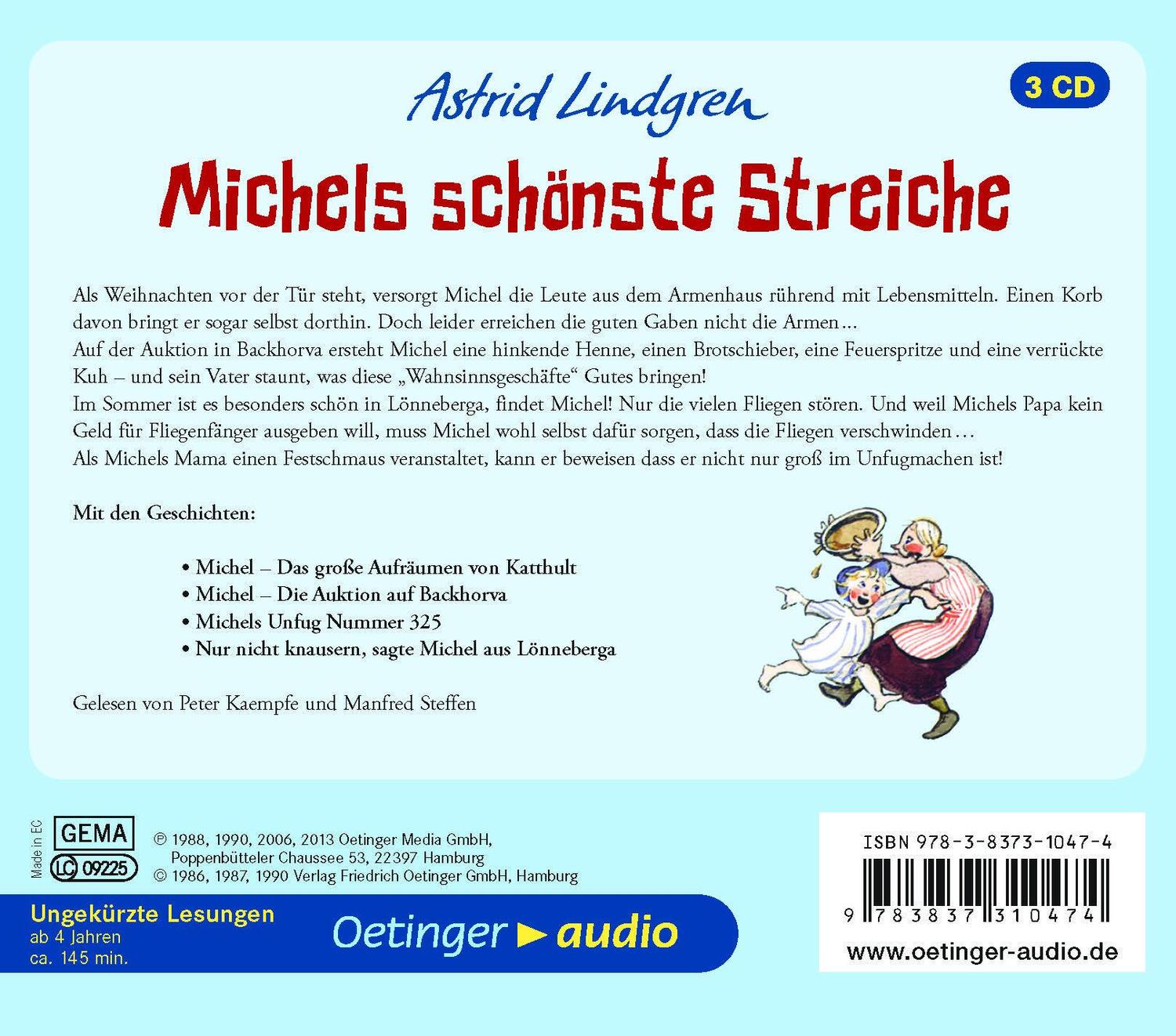 Rückseite: 9783837310474 | Michels schönste Streiche (3 CD) | Lesungen, 141 Min. | Lindgren | CD