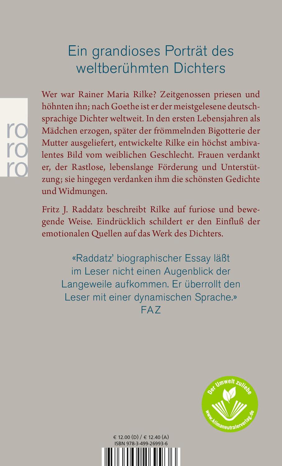 Rückseite: 9783499269936 | Rainer Maria Rilke | Überzähliges Dasein. Eine Biographie | Raddatz