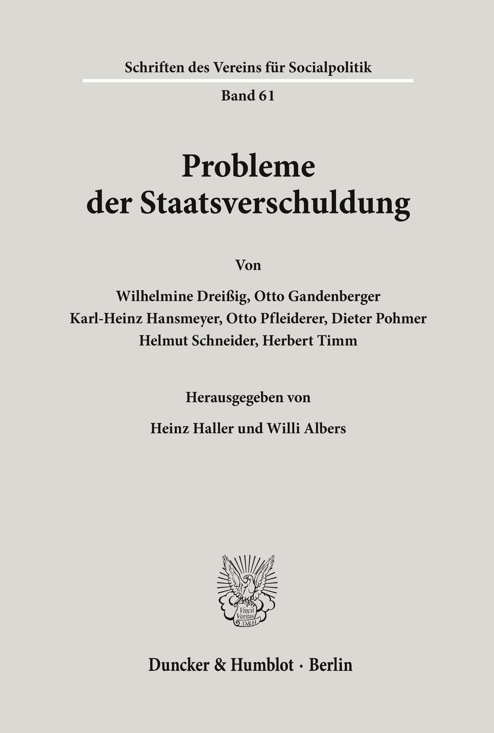 Cover: 9783428025213 | Probleme der Staatsverschuldung. | Heinz Haller (u. a.) | Taschenbuch