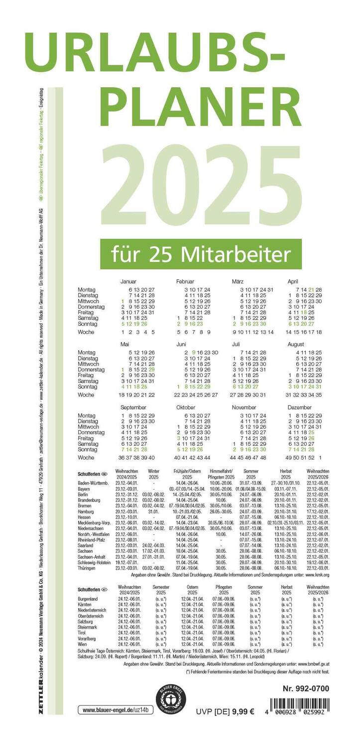 Cover: 4006928025992 | Urlaubsplaner 2025 - 100x29,7 cm - 16 Monate - für bis zu 25...